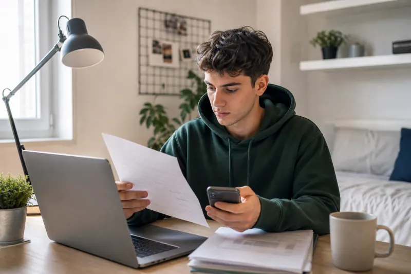 Student sprawdza ofertę najmu na laptopie i umowę