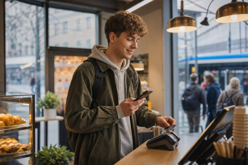 Student płaci telefonem i kartą w miejskiej kawiarni