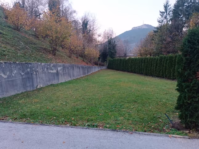 Grüner Rasen umgeben von einer Betonmauer links und einer Hecke rechts, im Hintergrund Bäume und ein bewaldeter Hügel.
