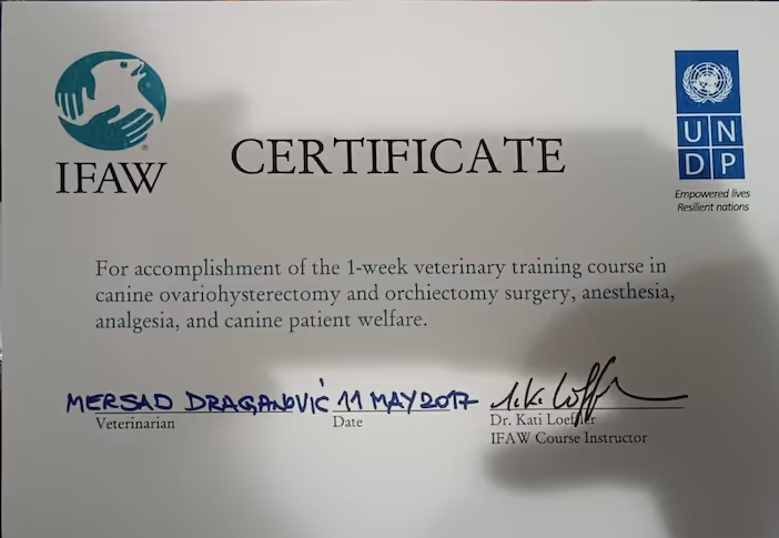 Zertifikat der IFAW und UNDP für den Abschluss eines einwöchigen veterinärmedizinischen Trainingkurses in Kaninchen-Ovariohysterektomie, Orchiektomie, Anästhesie, Analgesie und Versorgung von Kaninchenpatienten.