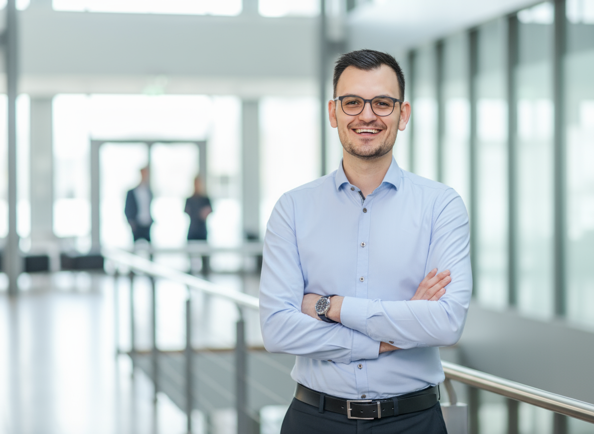 Ein Bild von dem Gründer und Geschäftsführer Jannik Otto . In Hemd mit verschränkten Armen in einer modernen Bürogebäude stehend.