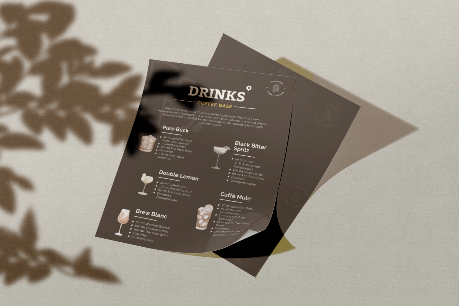 Bild eines Flyers (Cocktailkarte) der Marke "The Pure Brew"