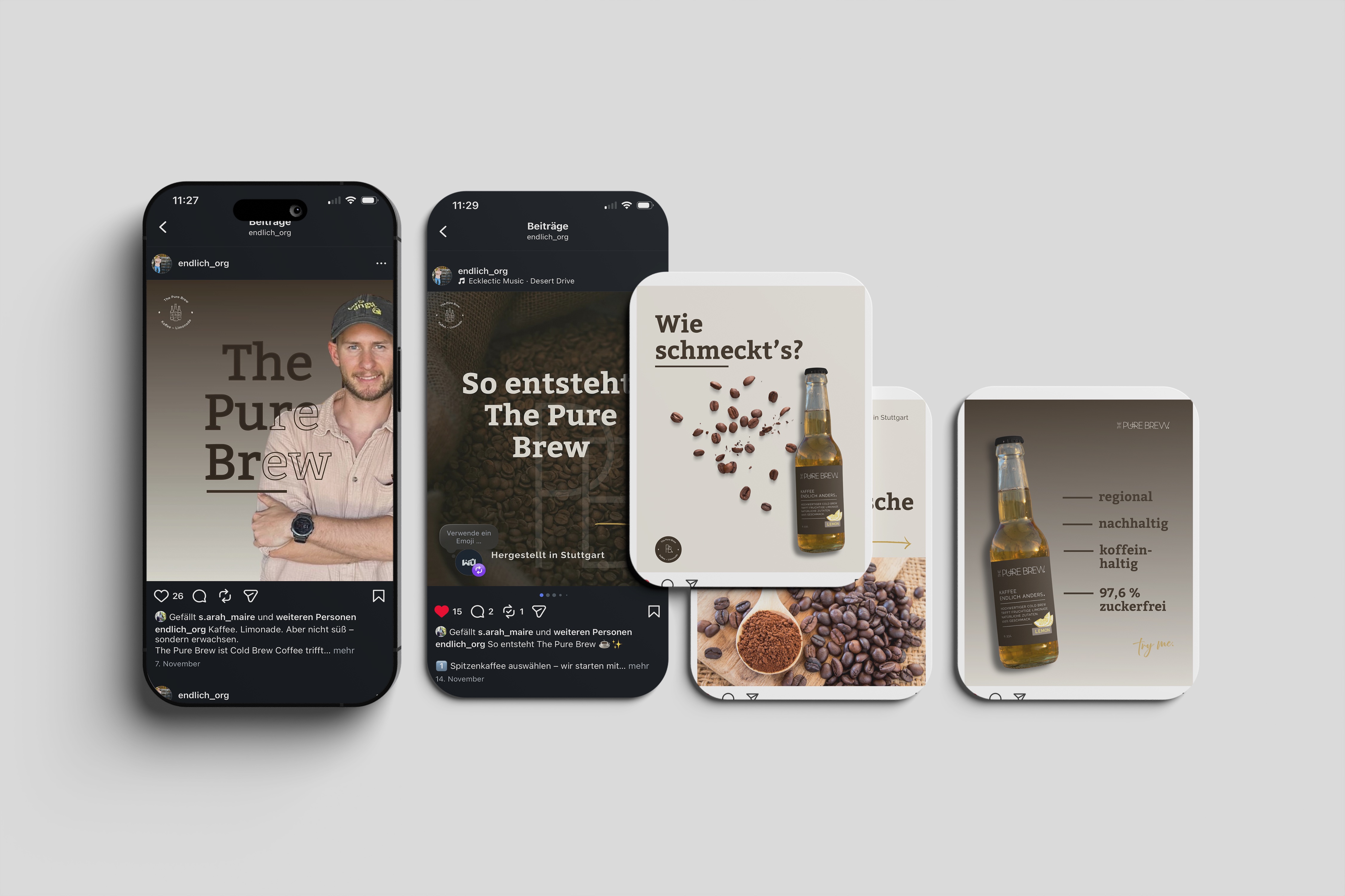 Mockup eines Instagramprofils mit verschiedenen Beiträgen der Marke "The Pure Brew".