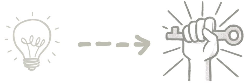 Grafik, die den Weg hin von einer Glühbirne (der Idee) bis hin zur Erfolg zeigt, einer Hand die nach hoben gestreckt einen Schlüssel hält.