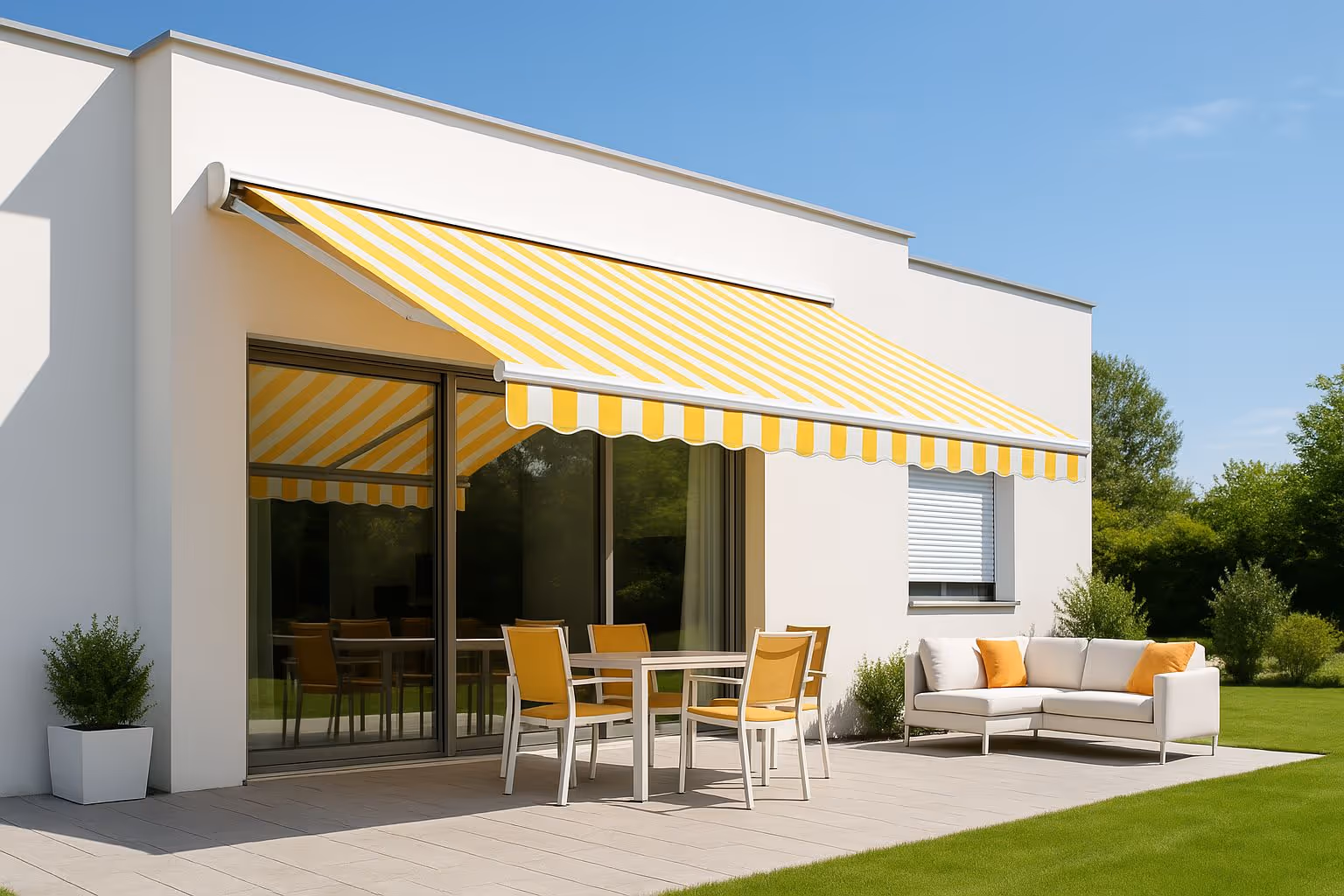 Gelbe Markise über einer Terrasse