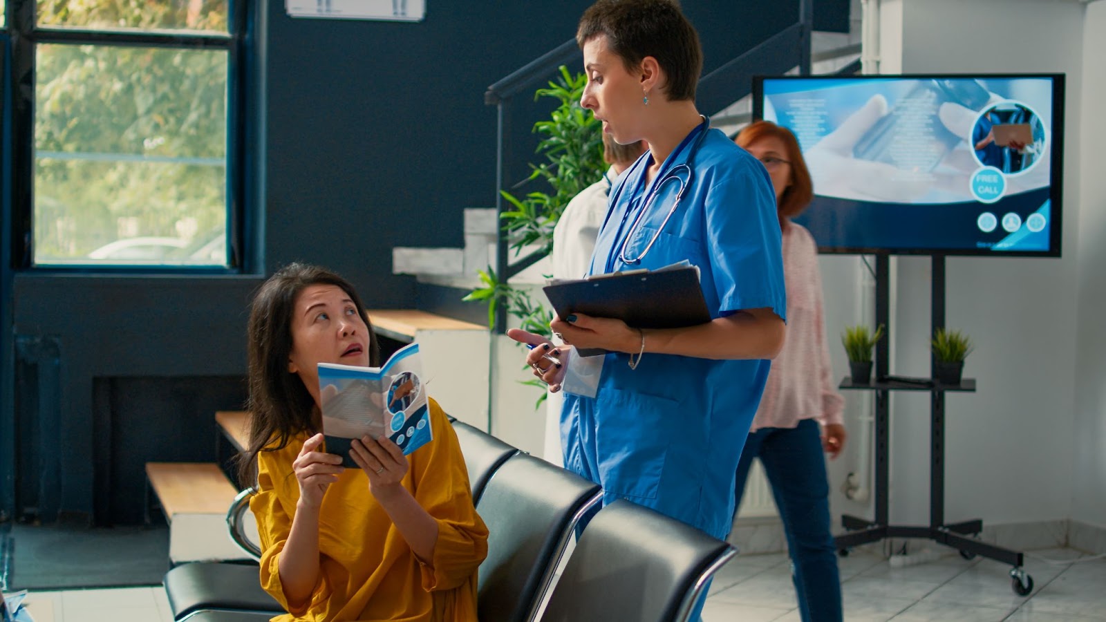  Digital signage display in a medical center lobby assists staff and visitors.