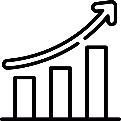 Ein Balkendiagramm mit drei Balken und einem aufsteigenden Pfeil über den Balken, der Wachstum oder steigende Trends darstellt.