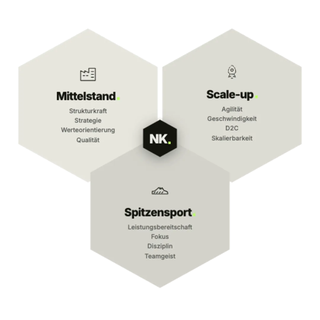 Drei miteinander verbundene Ringe mit den Beschriftungen Mittelstand, Scale-up und Spitzensport, die jeweilige Eigenschaften wie Strategie, Agilität und Disziplin darstellen, mit einem grünen NK-Zentrum.