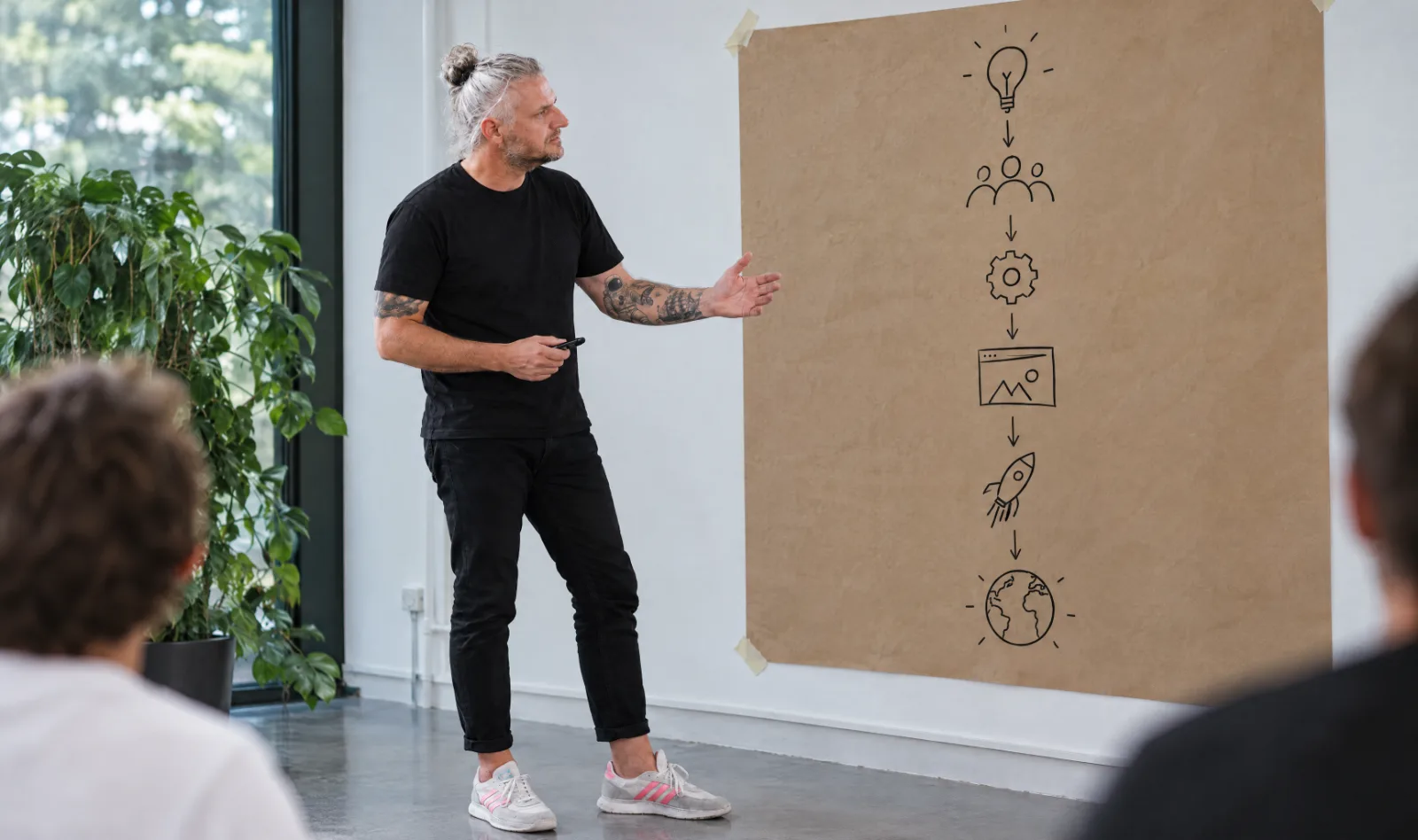 Norbert Kessler erklärt vor einer Skizze den Weg von der Idee bis in den Markt