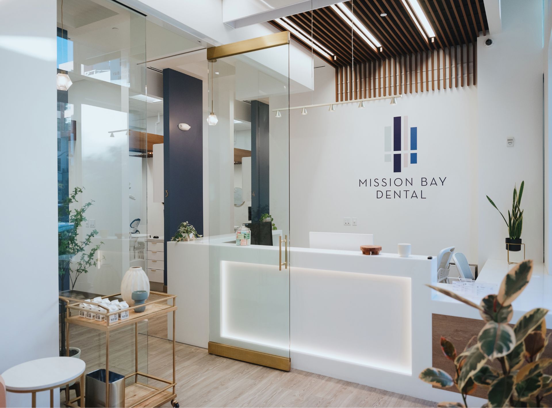 Modern dental clinic reception with white desk, glass doors, plants, and Mission Bay Dental logo on the wall.