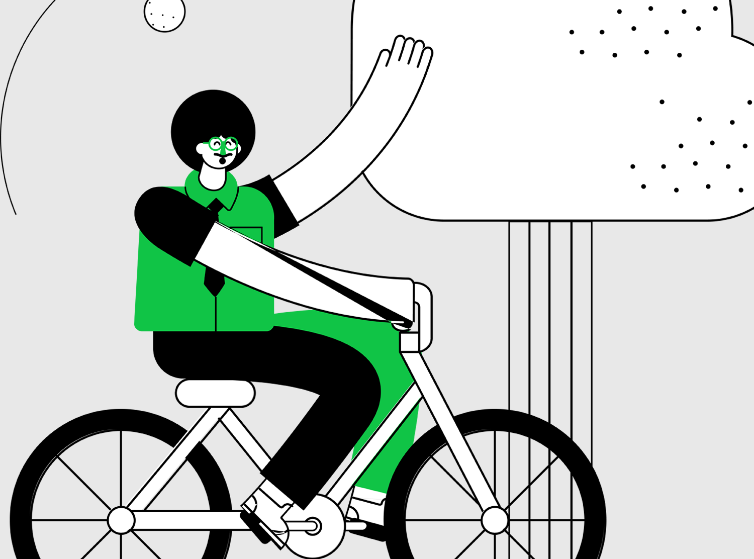 A young guy on his bike waving to new customers