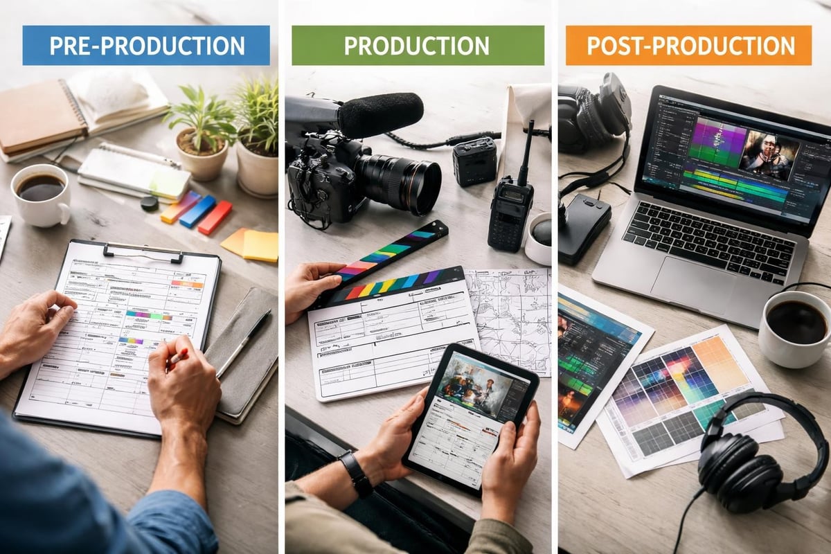 Three phases of video production workflow