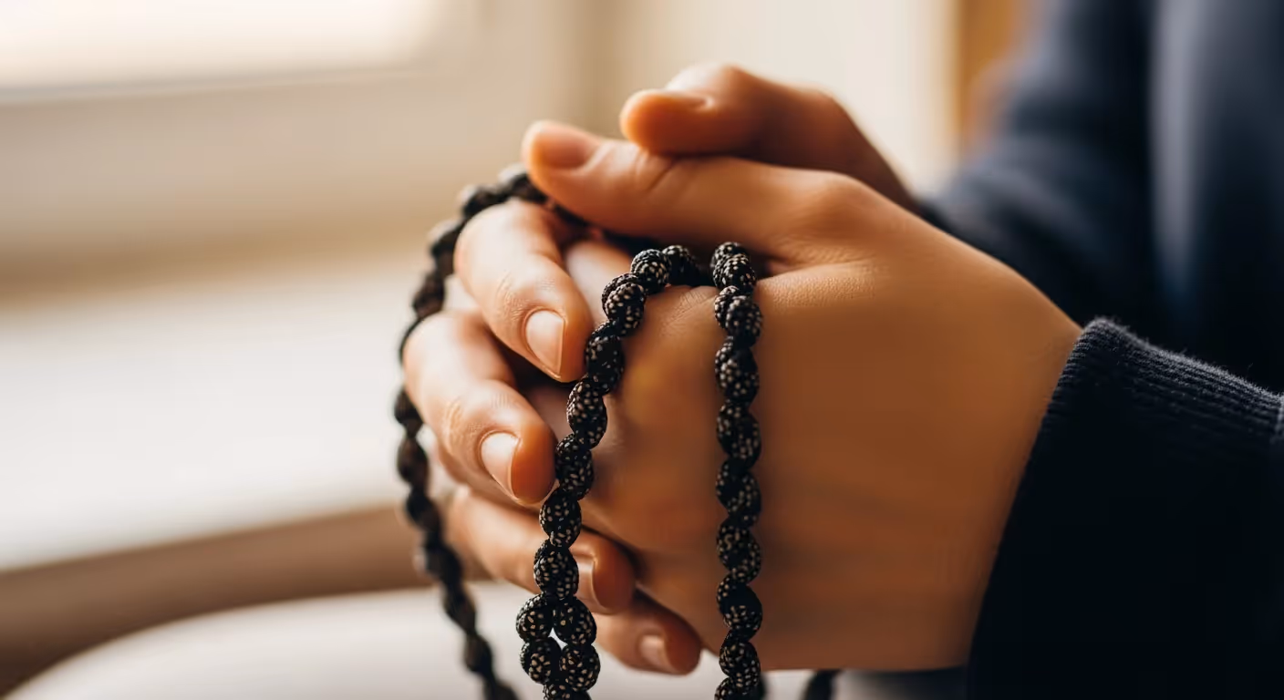 Person holding Orthodox prayer rope in quiet reflection representing the Jesus Prayer and hesychasm