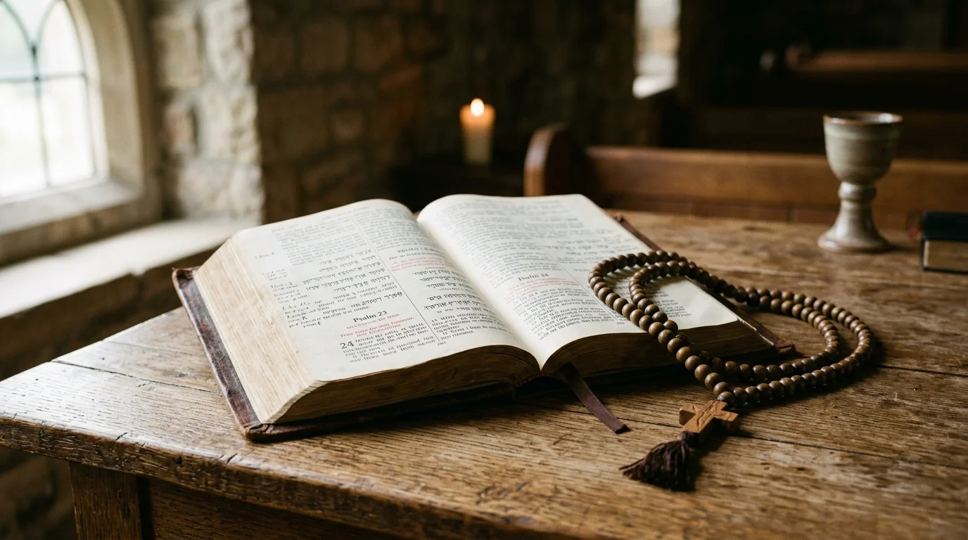Open Bible and prayer rope symbolizing Orthodox Christian faith and Scripture