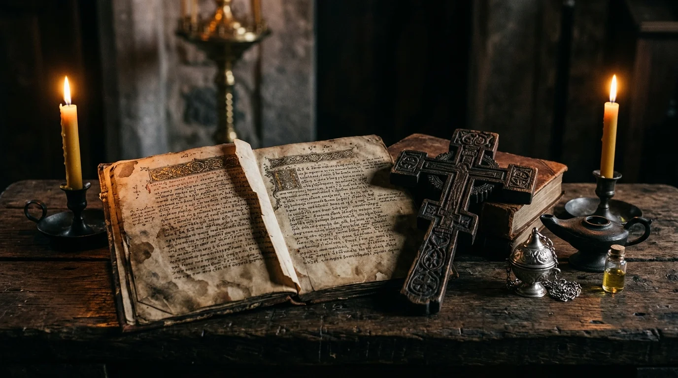 Weathered patristic manuscript pages representing the writings of the early Church Fathers on catholicity