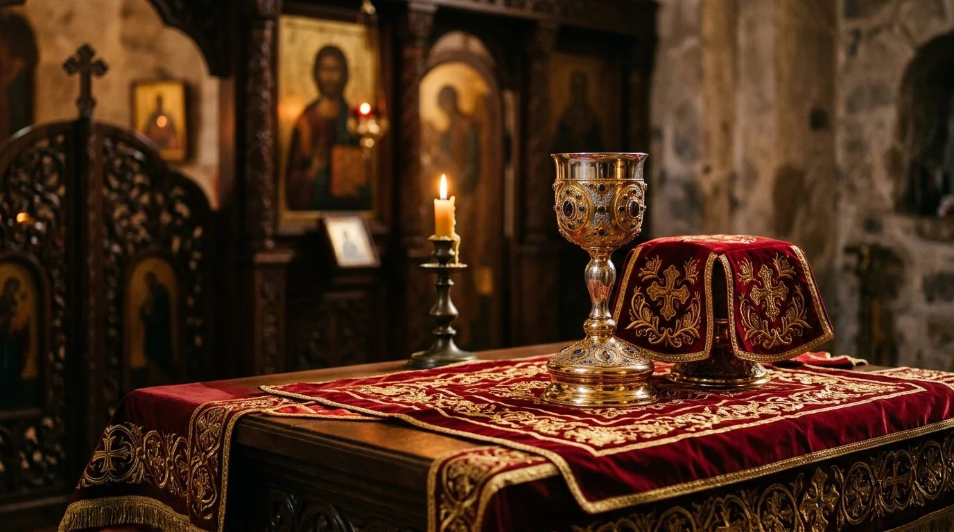 Chalice and communion elements on altar representing Orthodox sacramental life