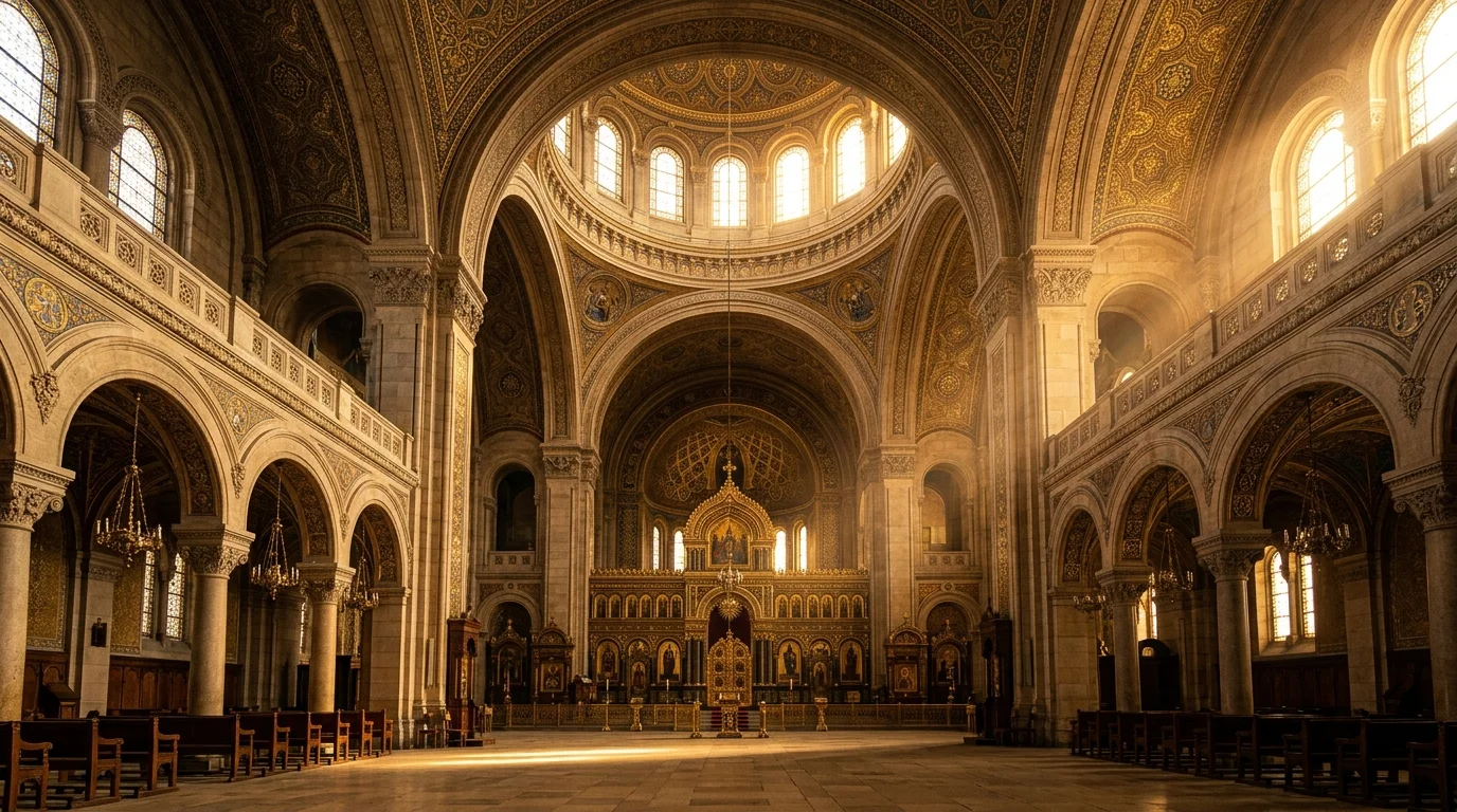 Orthodox cathedral interior with soft light suggesting the mystery of judgment and eternity