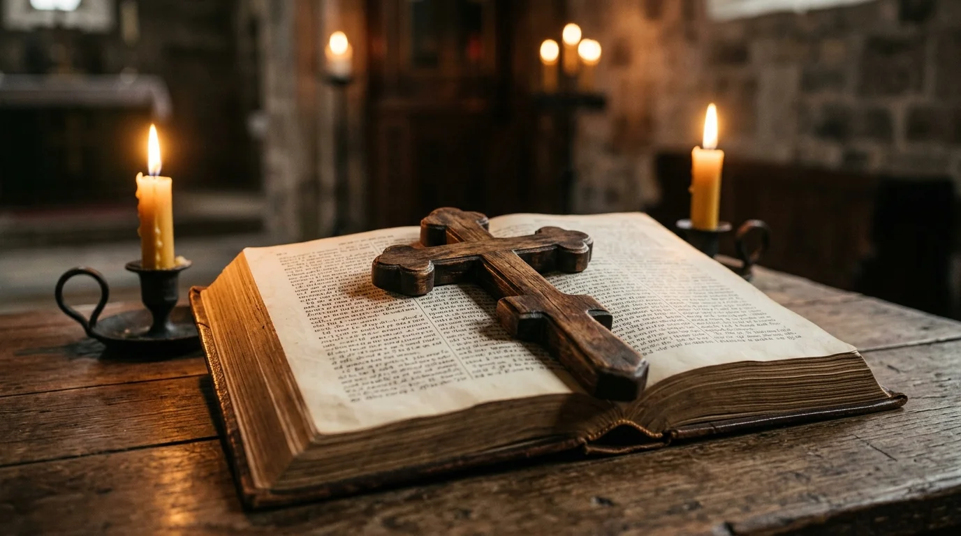 Open Bible with cross and candle representing Scripture and patristic witness