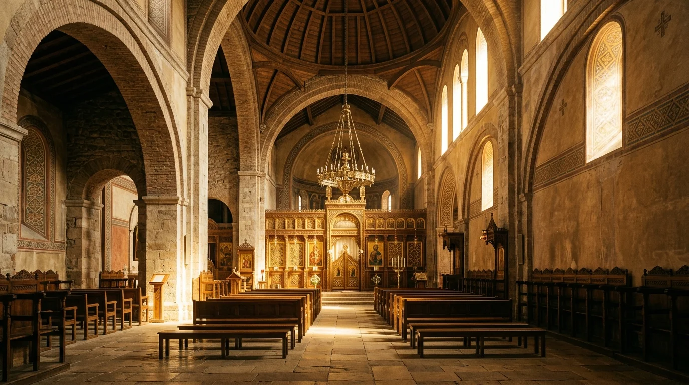 Quiet Orthodox church interior with light streaming through windows, symbolizing mystery and healing