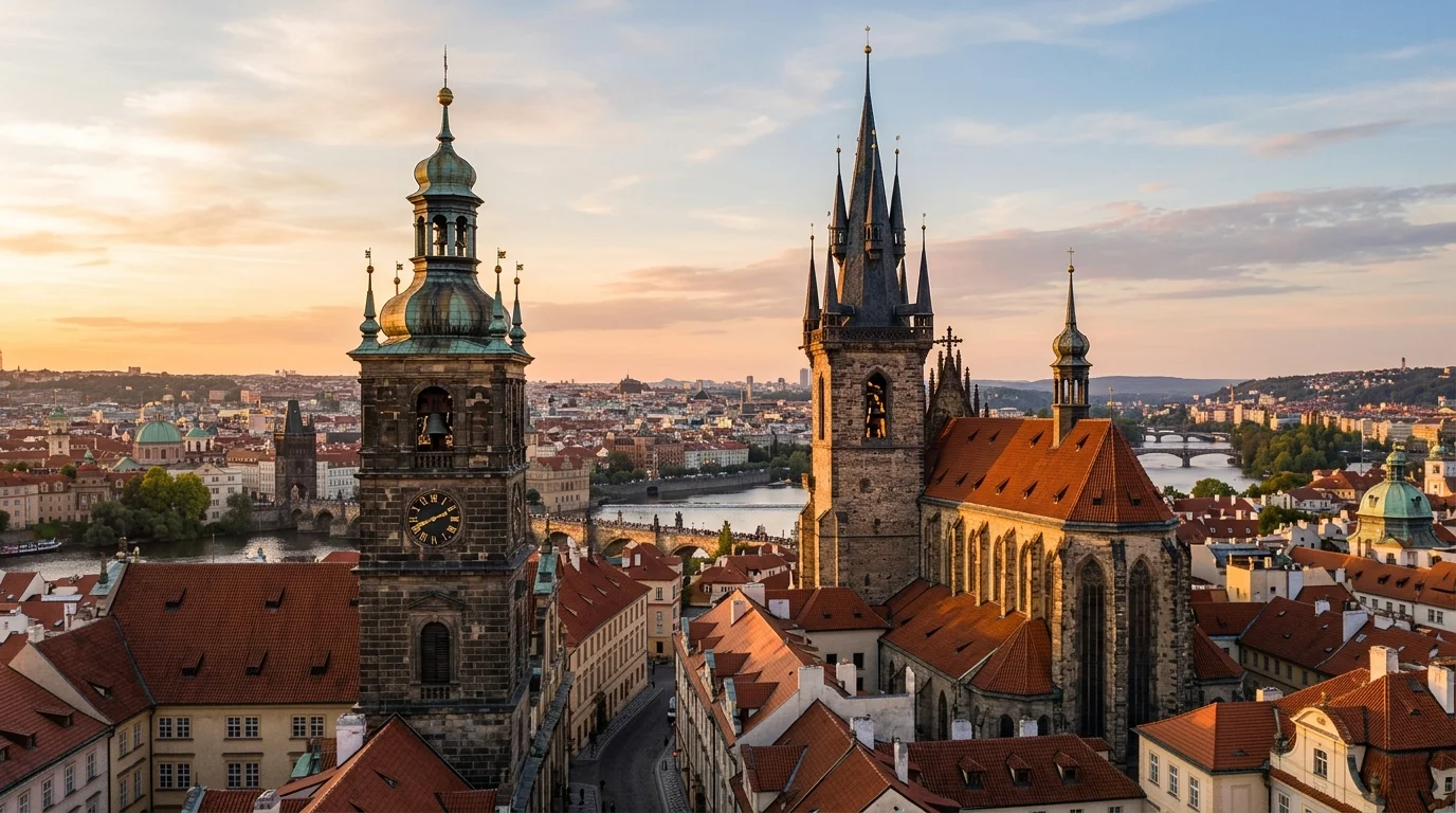 Two church bell towers side by side representing different Christian traditions in one city
