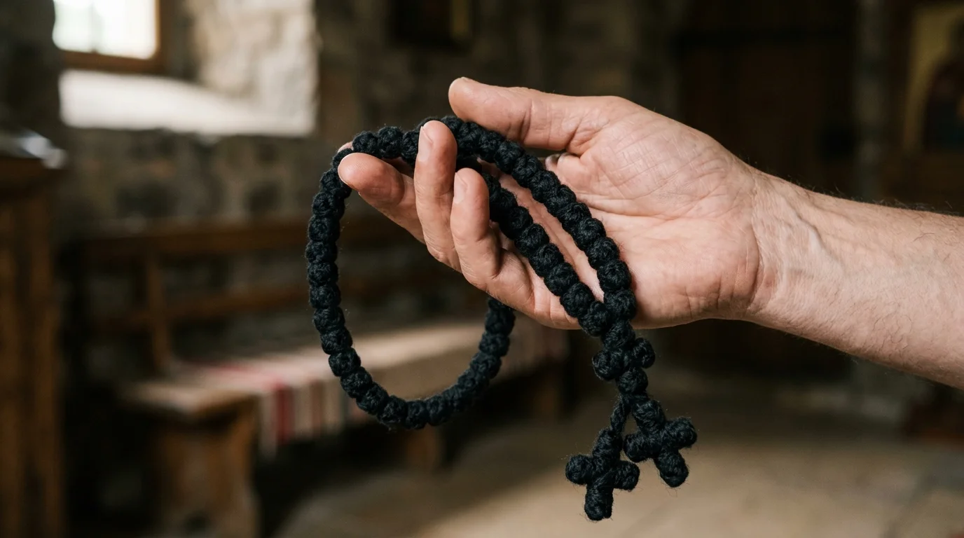 Hand holding a knotted Orthodox prayer rope in soft light