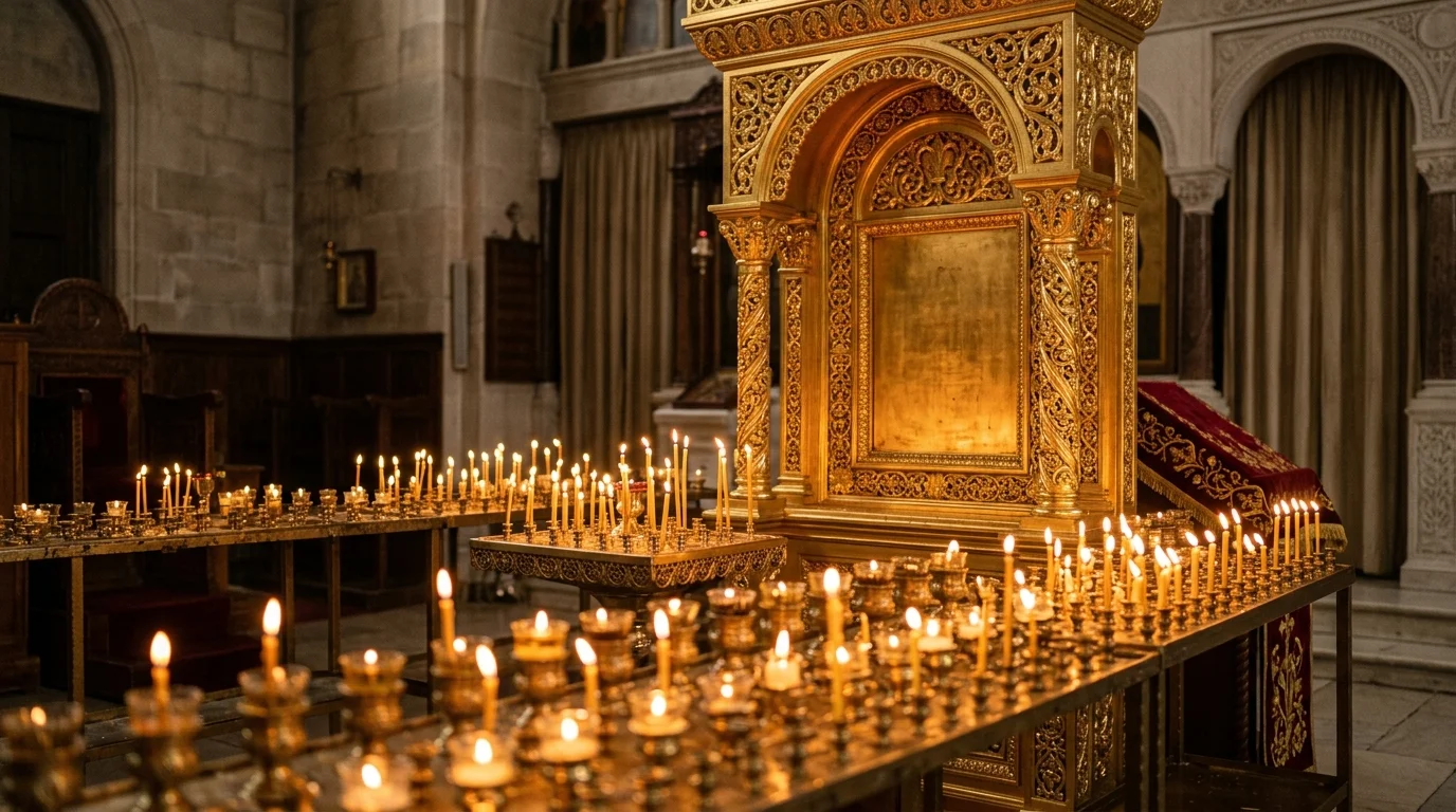 Rows of prayer candles glowing before an empty icon stand