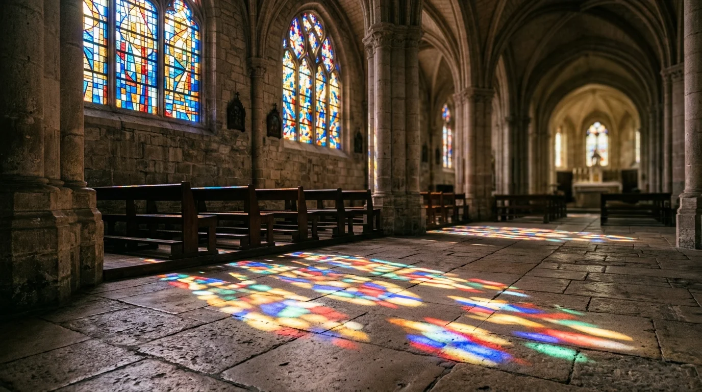 Sunlight through stained glass casting colored light in a stone church