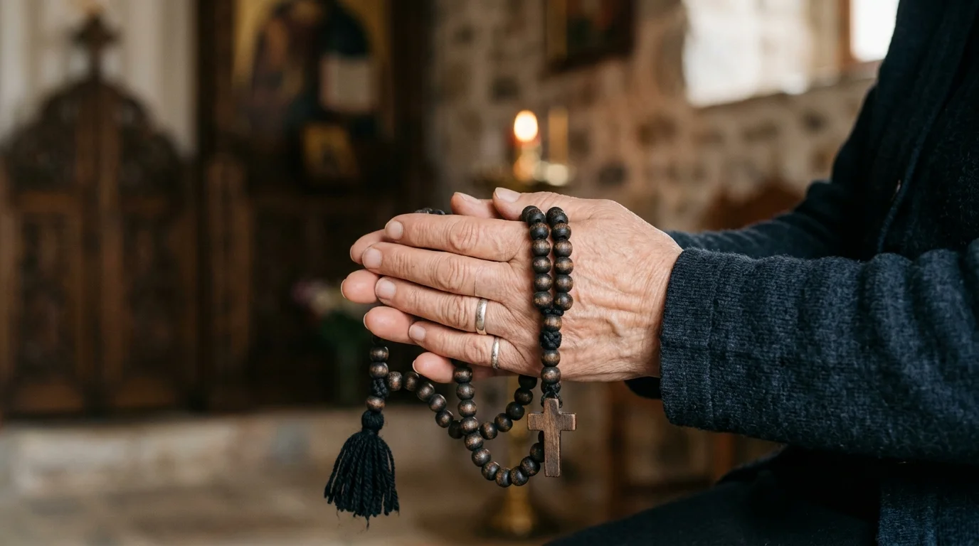 Hands holding a prayer rope in quiet Orthodox devotion