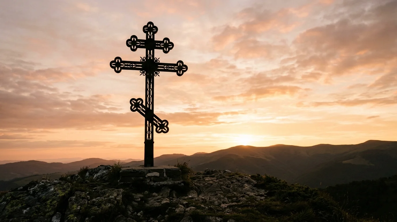Orthodox cross silhouette against soft morning light symbolizing judgment and hope