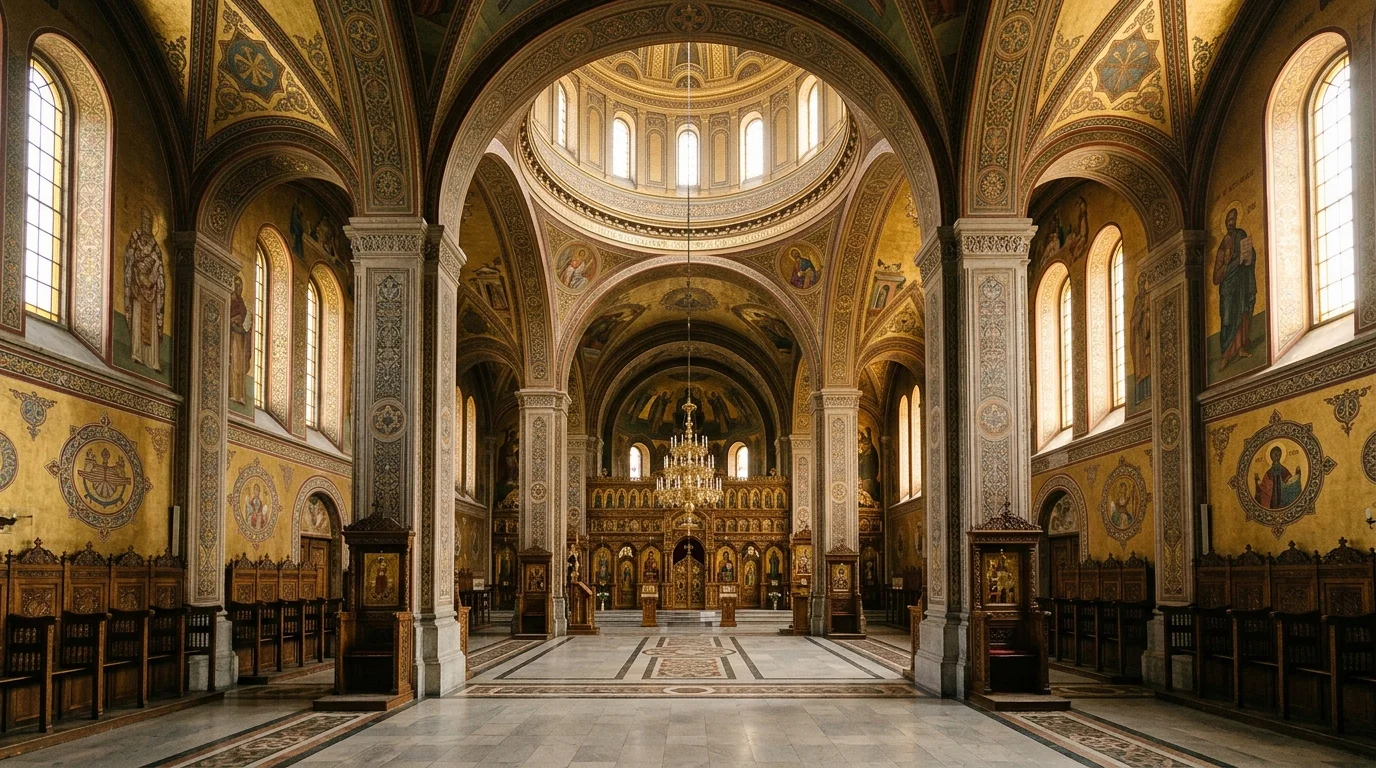 Orthodox cathedral interior with golden light through windows