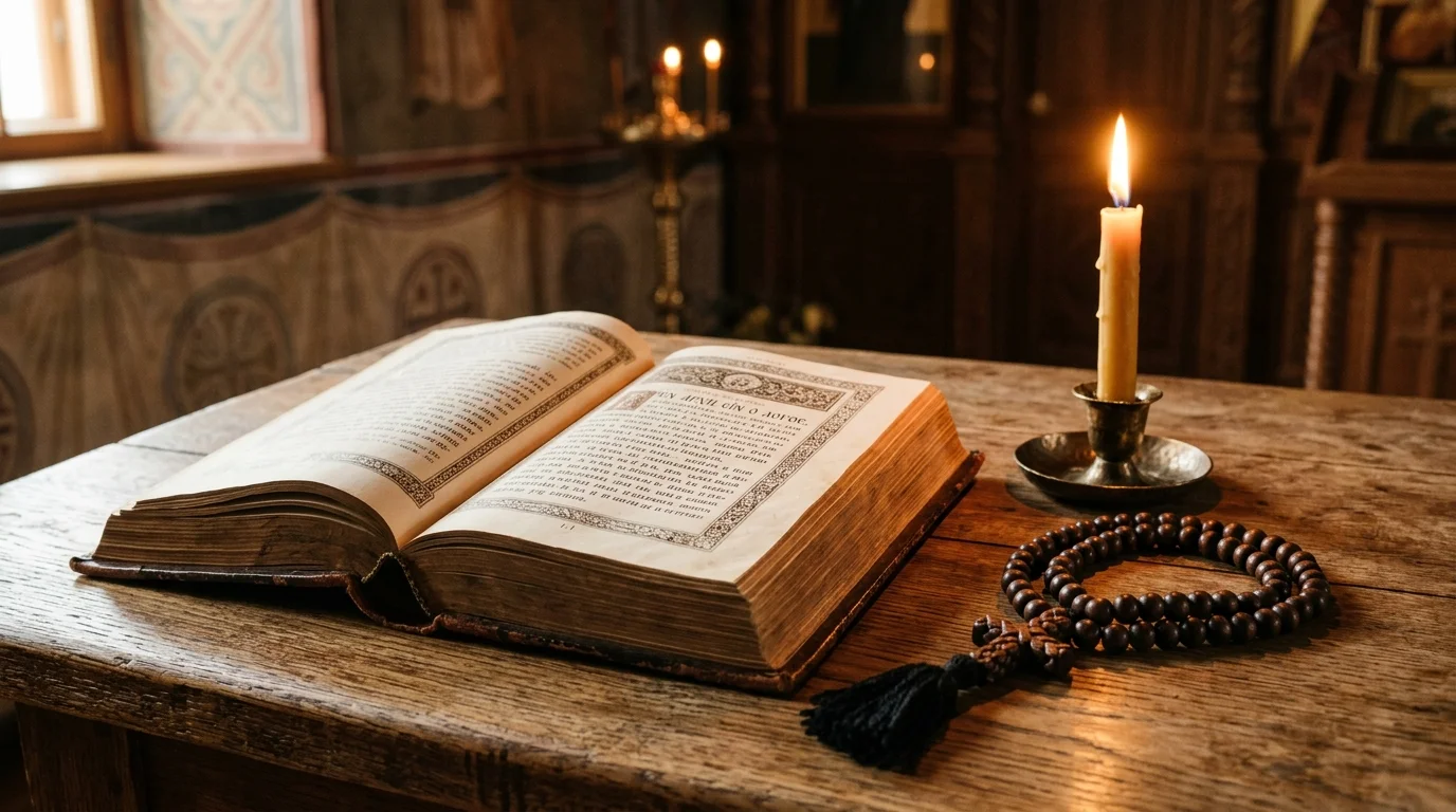 Open Bible beside prayer rope and candle representing Scripture and Holy Tradition in Orthodoxy