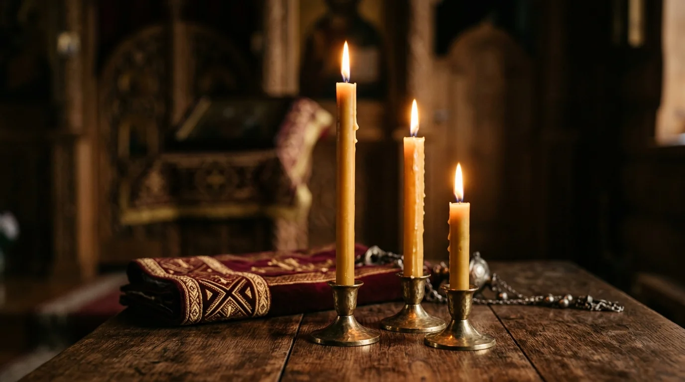 Three lit candles representing different Christian traditions in dialogue