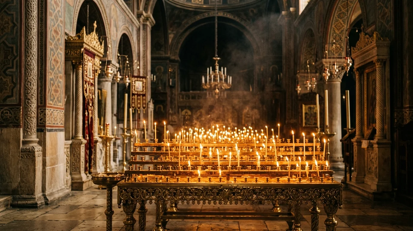 Candles burning inside an Orthodox church nave during quiet prayer