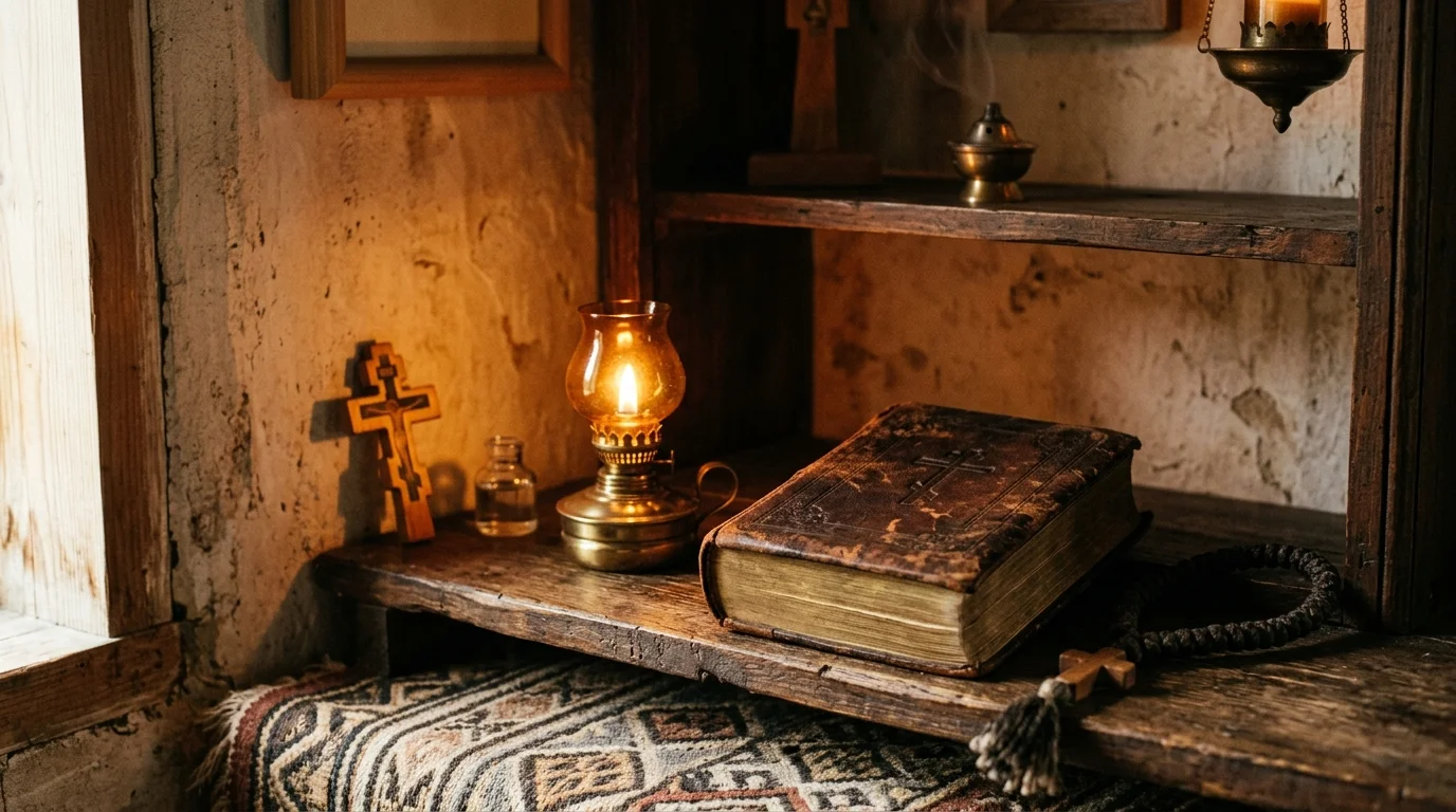 Quiet corner for personal prayer with icon lamp light and Bible