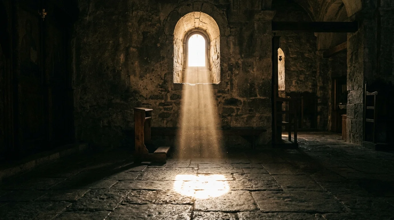 Sunlight streaming through Orthodox church window suggesting peace after prayer