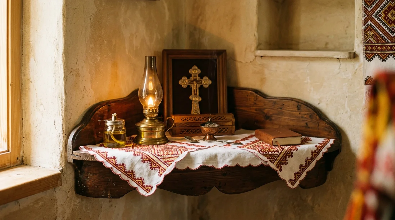 Empty icon corner with lit oil lamp representing veneration in Orthodox worship