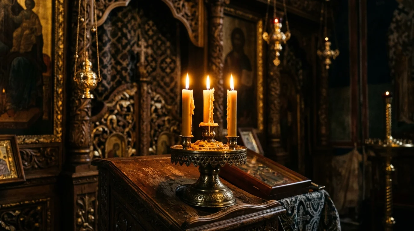 Three candle flames symbolizing the Holy Trinity in Orthodox belief