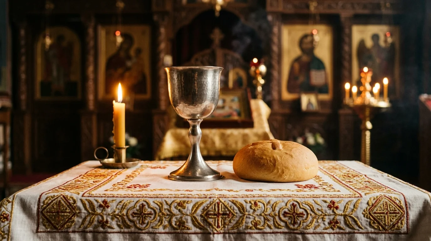 Chalice and bread on altar cloth representing the Orthodox Eucharist