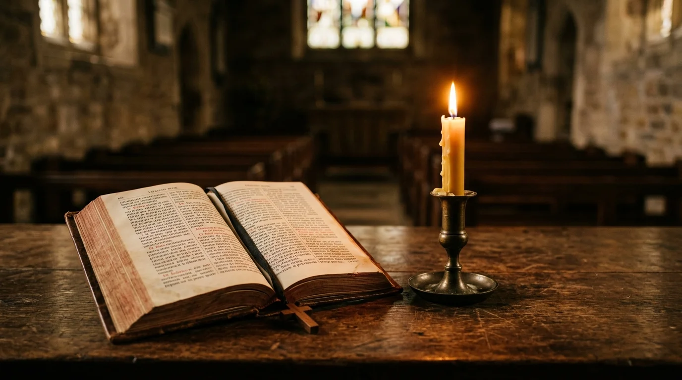 Open prayer book and candle representing daily structured devotion