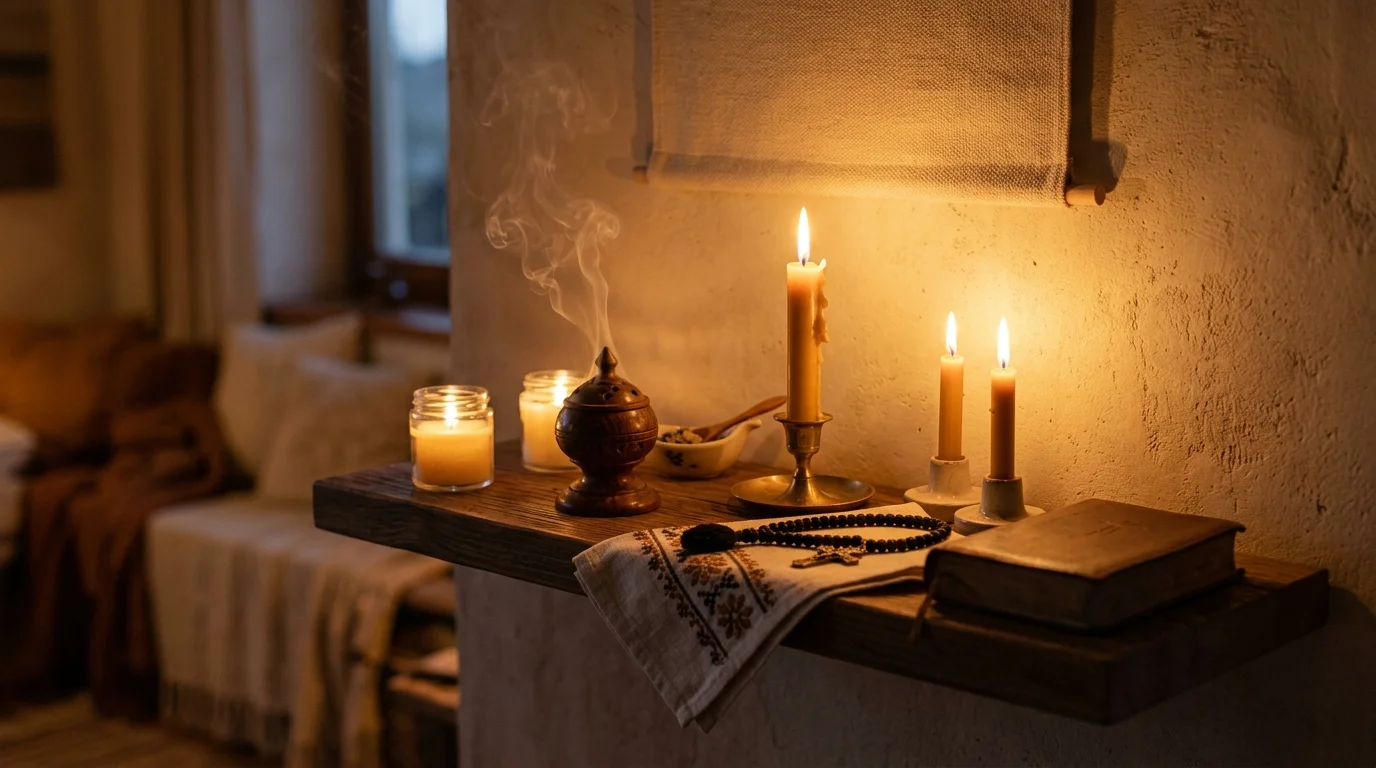 Lit candles before an icon corner at home, representing a personal daily prayer rule