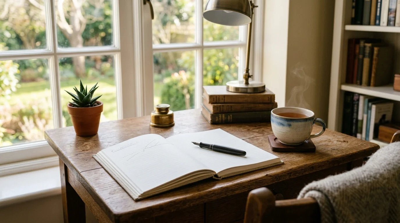 Open hands in quiet prayer near a window during a work break, representing a simple midday pause