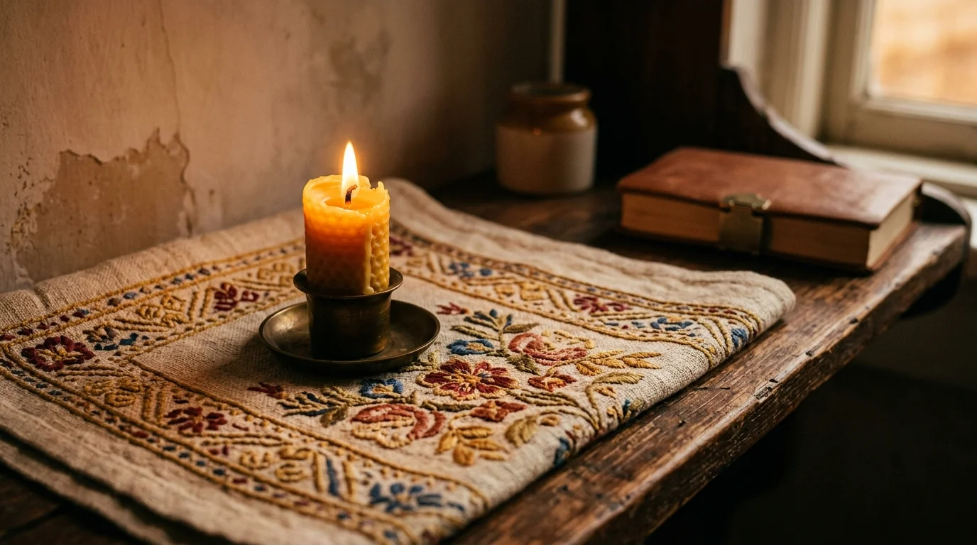Lit candle and small icon corner cloth for home prayer