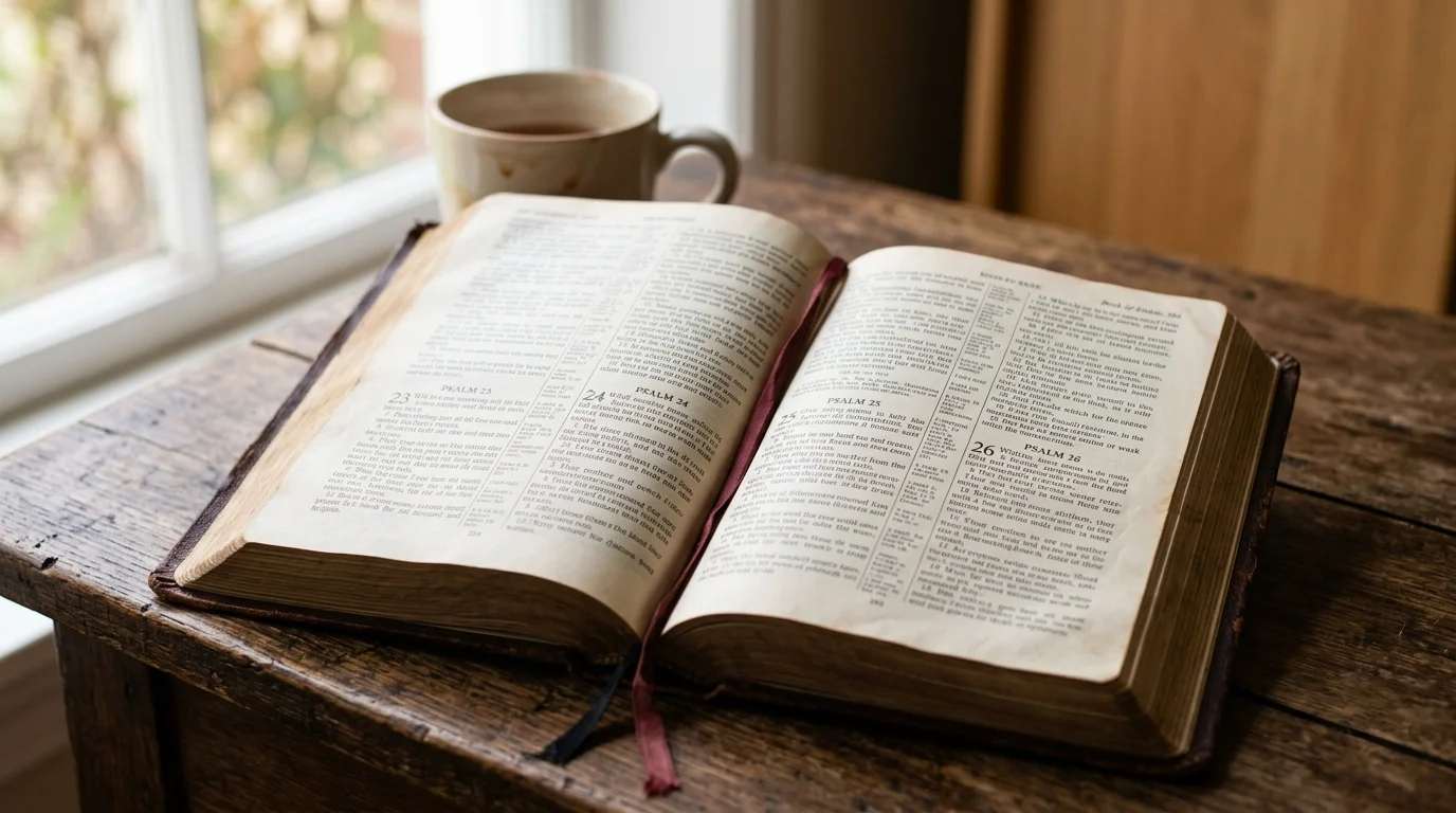 Open Bible with Psalms page in soft morning light