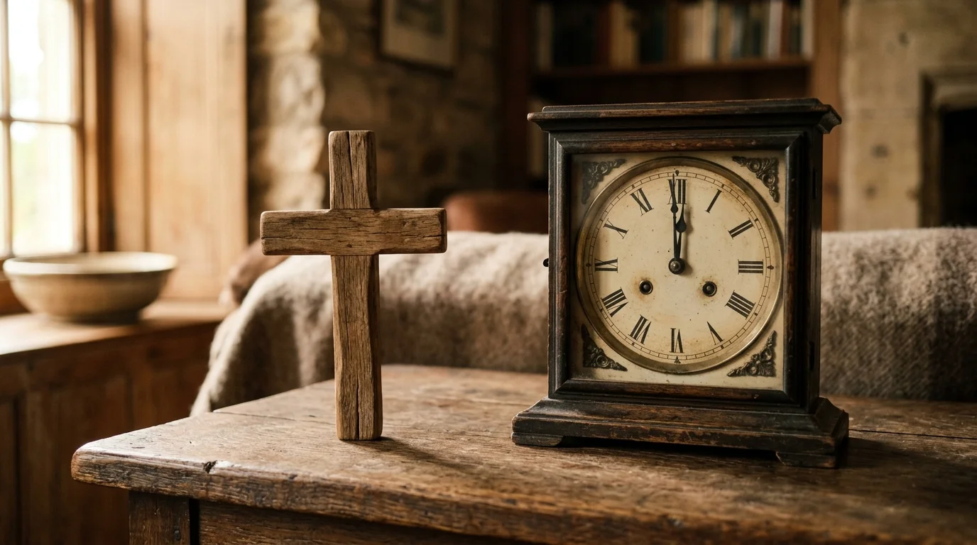 Simple wooden cross on a table beside a clock showing midday