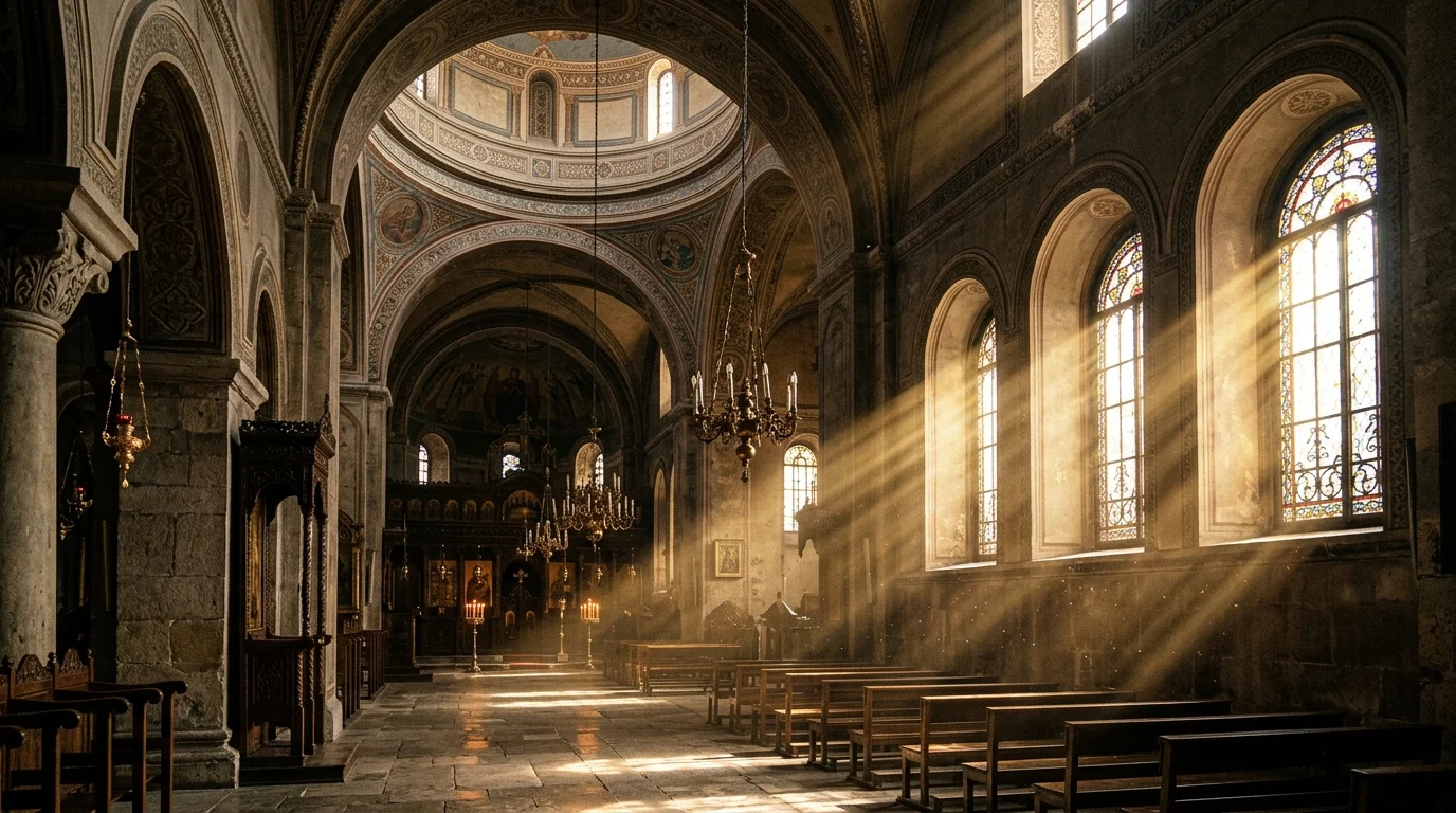 Sunlight streaming through Orthodox church windows at midday hour