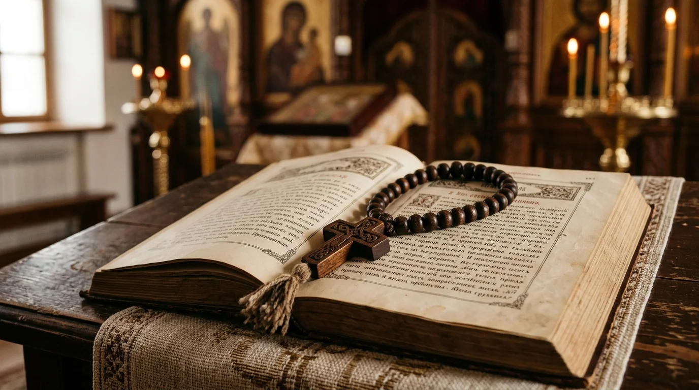 Orthodox prayer rope resting on an open Bible