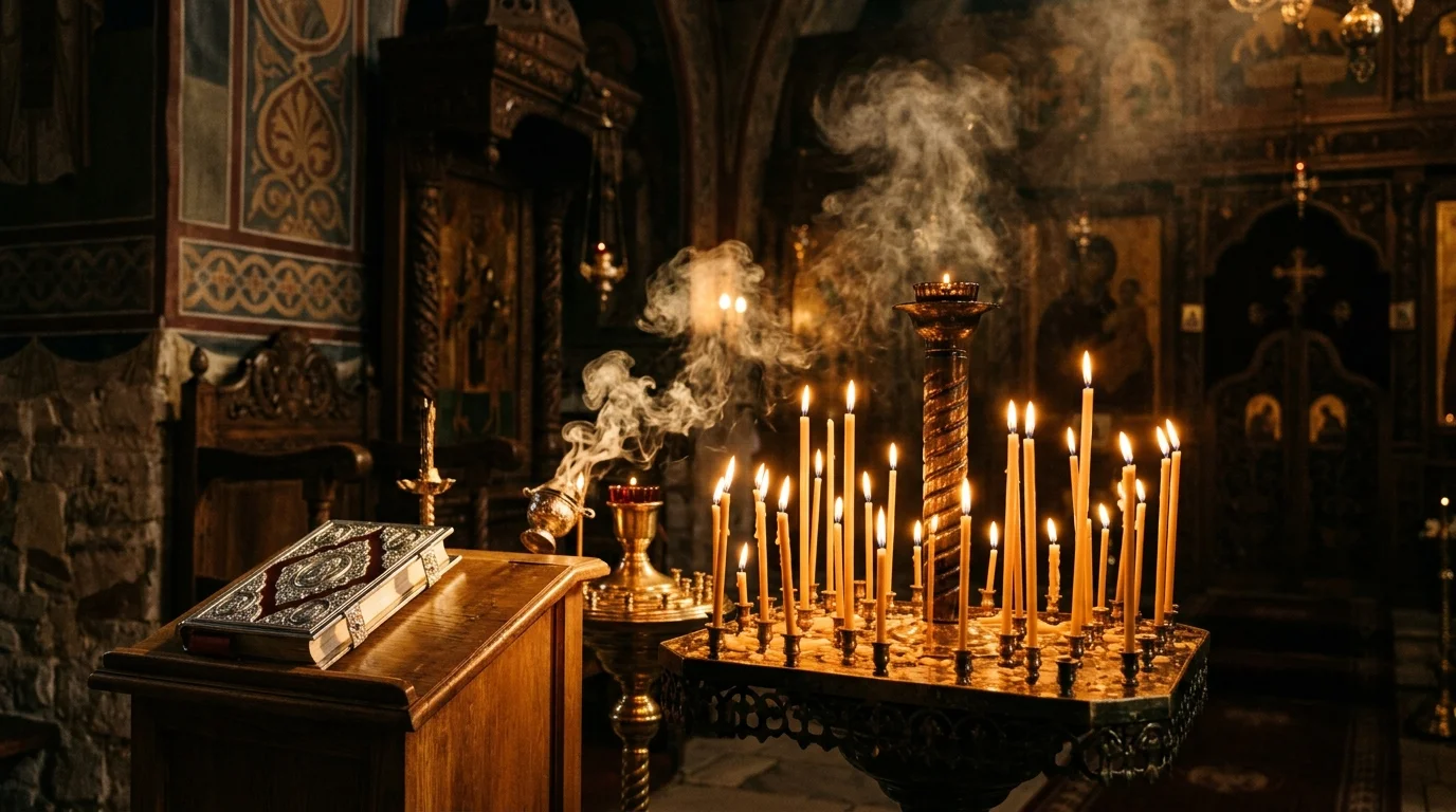 Candles and incense in an Orthodox sanctuary representing liturgical worship