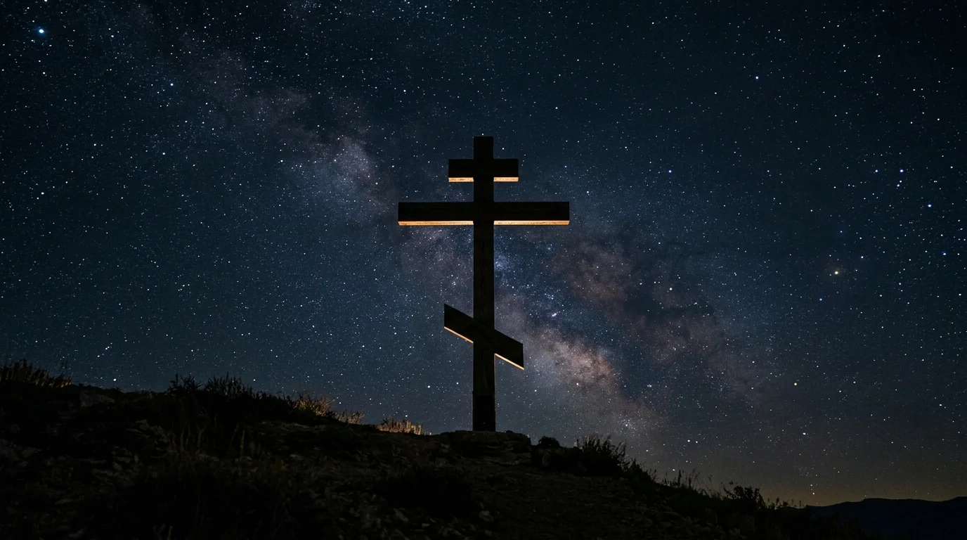 Orthodox cross silhouette against a dark night sky with stars