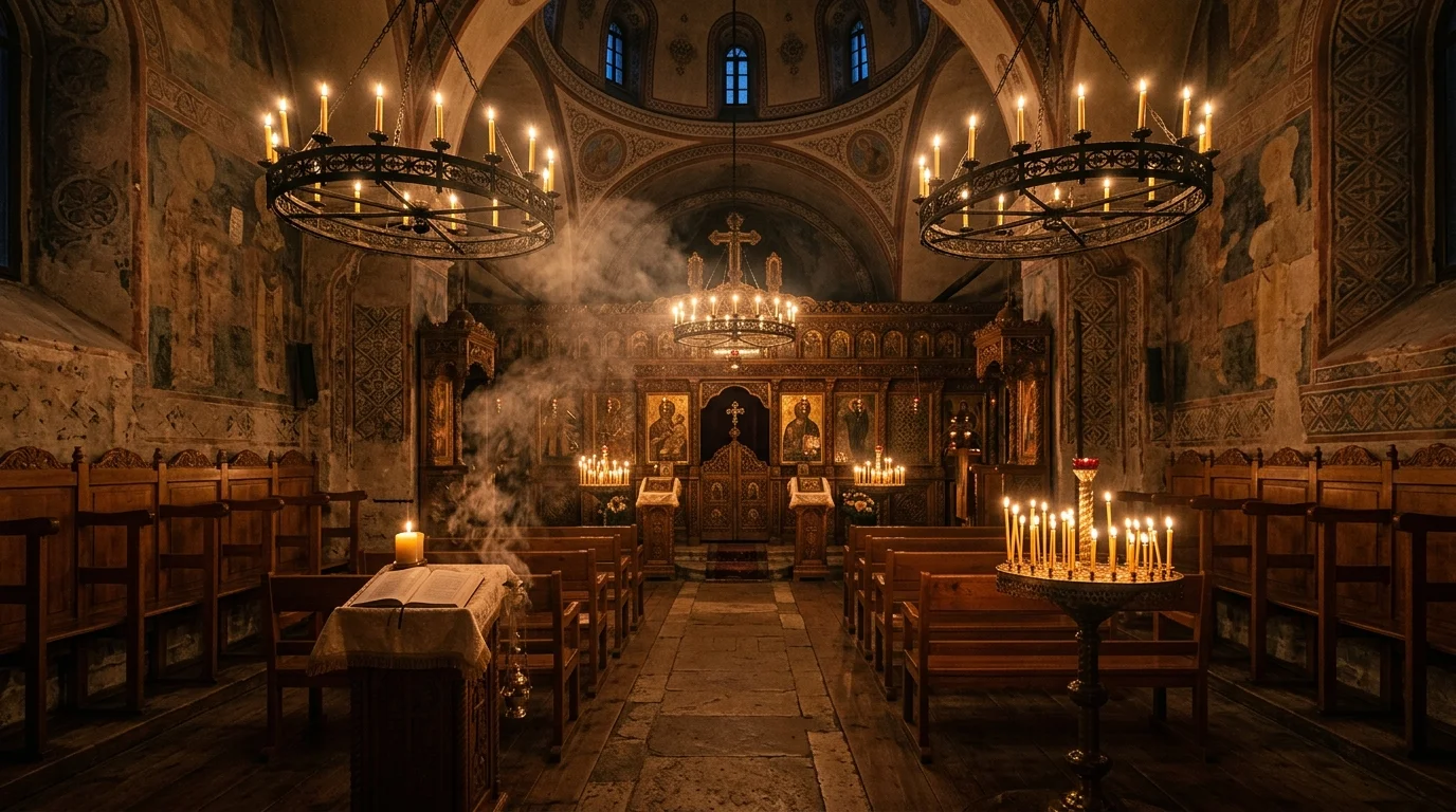 Empty Orthodox chapel illuminated by candlelight during a nighttime vigil service