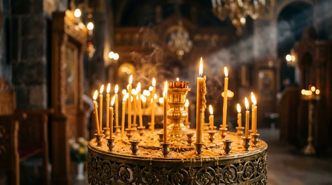 Candlelit Orthodox altar area representing Trinity and Incarnation beliefs